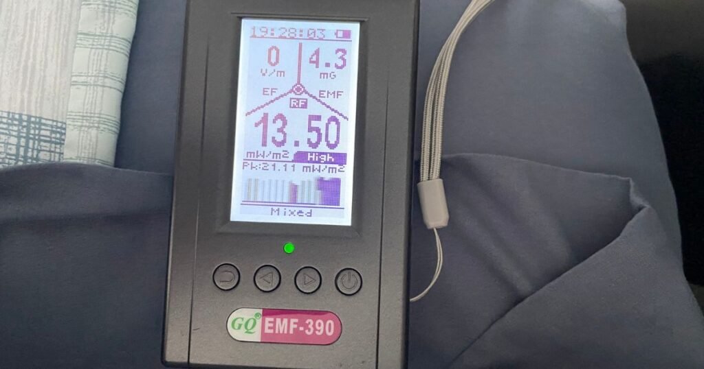 GQ EMF-390 RF band display during testing near a WiFi booster