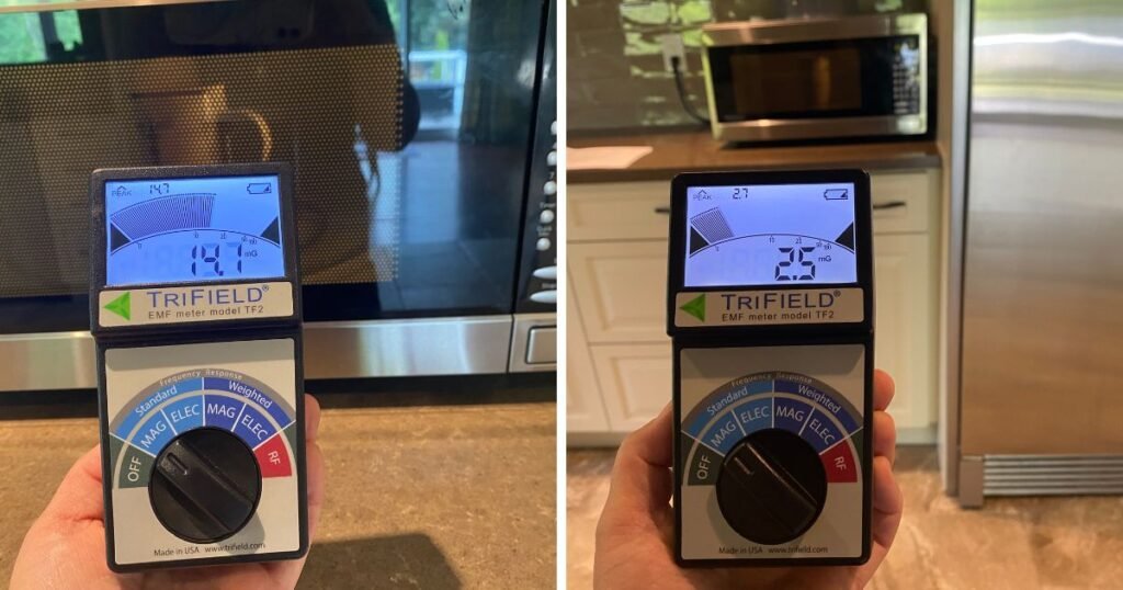 Gauss meter magnetic field readings from a running microwave at six inches and four feet